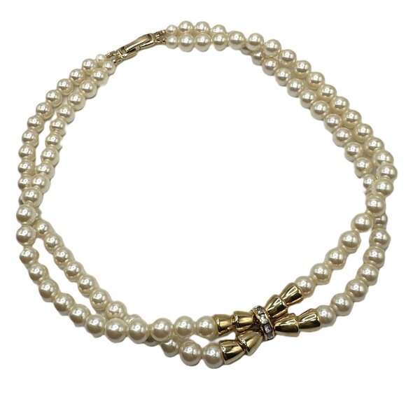 Vintage Double Stranded Pearl Necklace with Gold Rhinestone Accent 17 In Costume - Picture 3 of 6